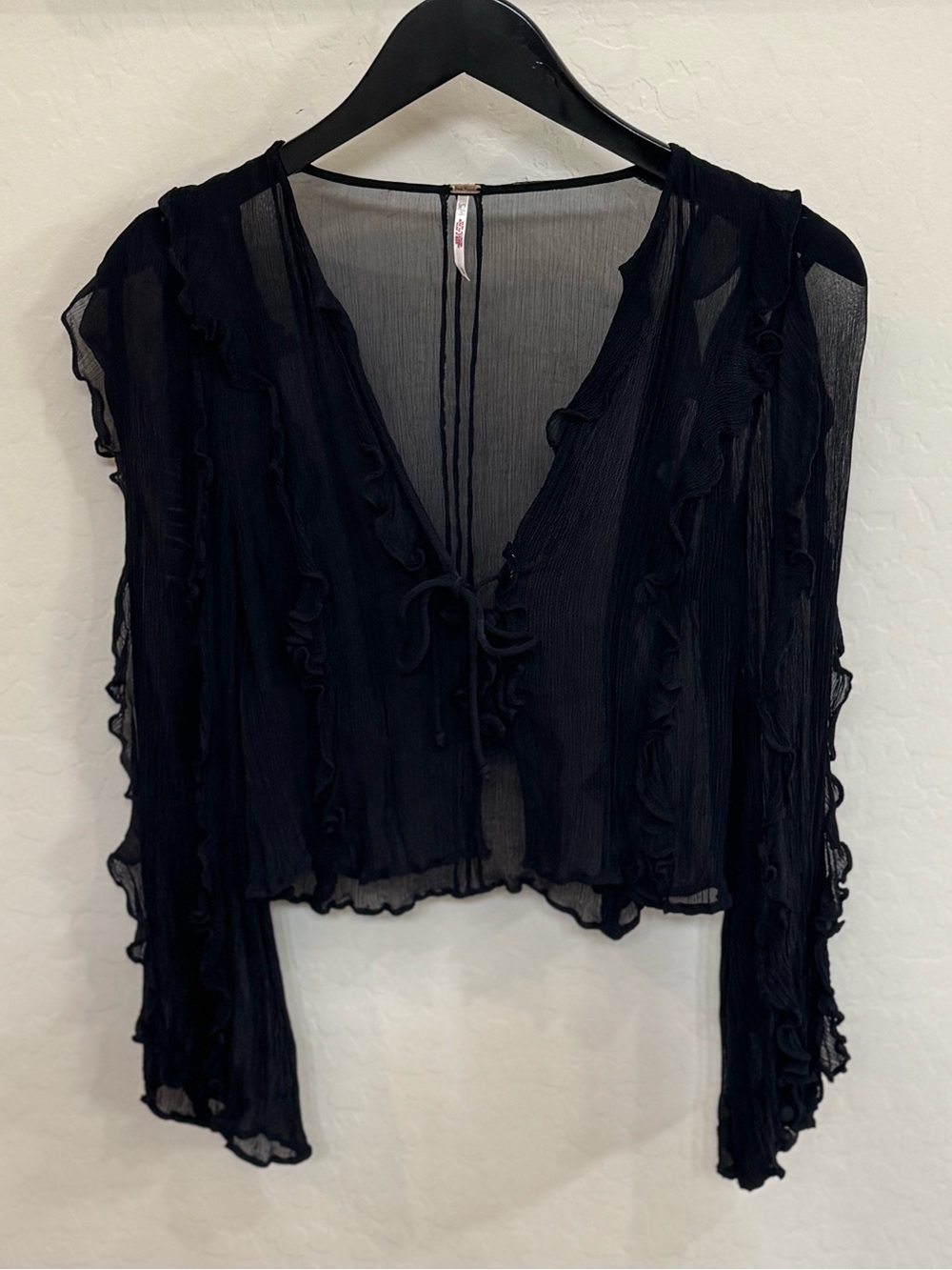 Free People Black Sheer Ruffle Tie-Front Blouse